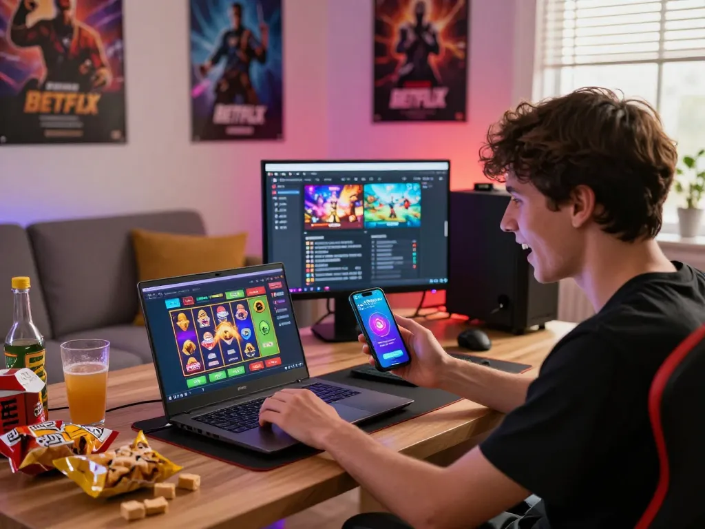 Excited player exploring Betflix slot games on laptop and smartphone in vibrant gaming setup.
