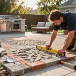 Contractor installing stylish brick pavers near me in a backyard, showcasing quality craftsmanship and outdoor design.