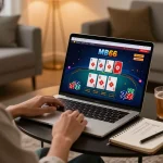 Player strategizing on MB66 online casino platform with laptop in cozy home setting.