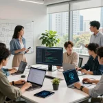 Developers collaborating on mind control AI technology in a modern workspace