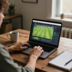 SOCOLIVE user placing bets while watching live football on laptop during a cozy home session