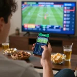 Taruhan olahraga SBOBET ditampilkan di smartphone selama malam permainan rumah dengan olahraga langsung di TV.