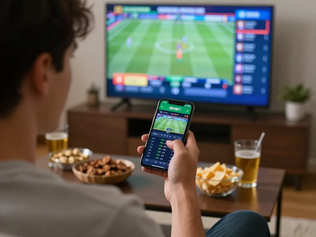 Taruhan olahraga SBOBET ditampilkan di smartphone selama malam permainan rumah dengan olahraga langsung di TV.