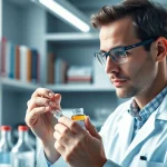 Researcher studying Retatrutide in a modern lab setting with vibrant equipment.