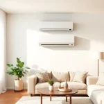Installing a Mitsubishi mini split AC in a stylish living room for optimal comfort.