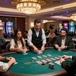 Các người chơi tham gia vào một trò chơi blackjack đầy kịch tính tại môi trường casino 12bet, thể hiện không khí sang trọng