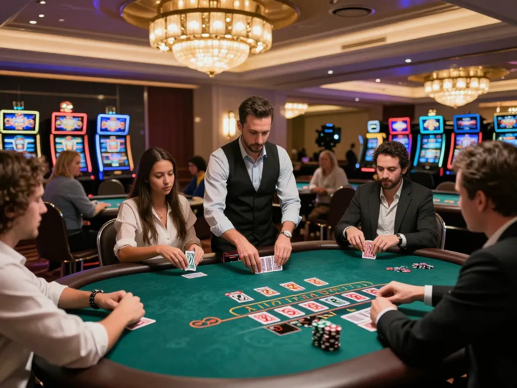 Các người chơi tham gia vào một trò chơi blackjack đầy kịch tính tại môi trường casino 12bet, thể hiện không khí sang trọng