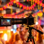 Event videography capturing a joyful scene of celebration filled with vibrant colors.
