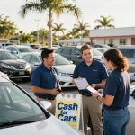 Cash for cars Fort Myers service with friendly staff discussing vehicle sale in the Florida sun.