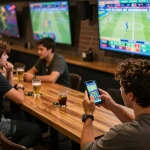 Excited bettor using smartphone for keo nha cai at a sports betting pub.