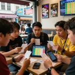 Pemain taruhan mendiskusikan hasil Keluaran HK di sebuah kafe yang ramai dengan latar belakang perkotaan