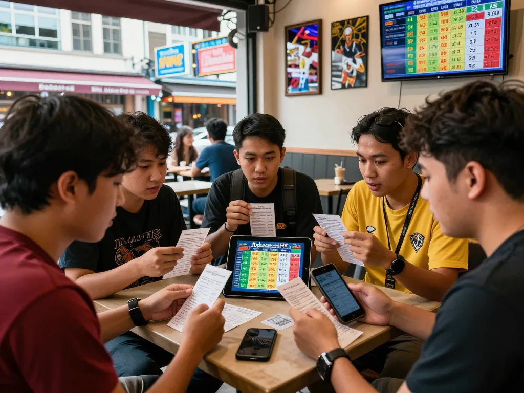 Pemain taruhan mendiskusikan hasil Keluaran HK di sebuah kafe yang ramai dengan latar belakang perkotaan