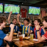 Cheering fans enjoying judi bola betting at a lively sports bar with multiple screens displaying live matches.