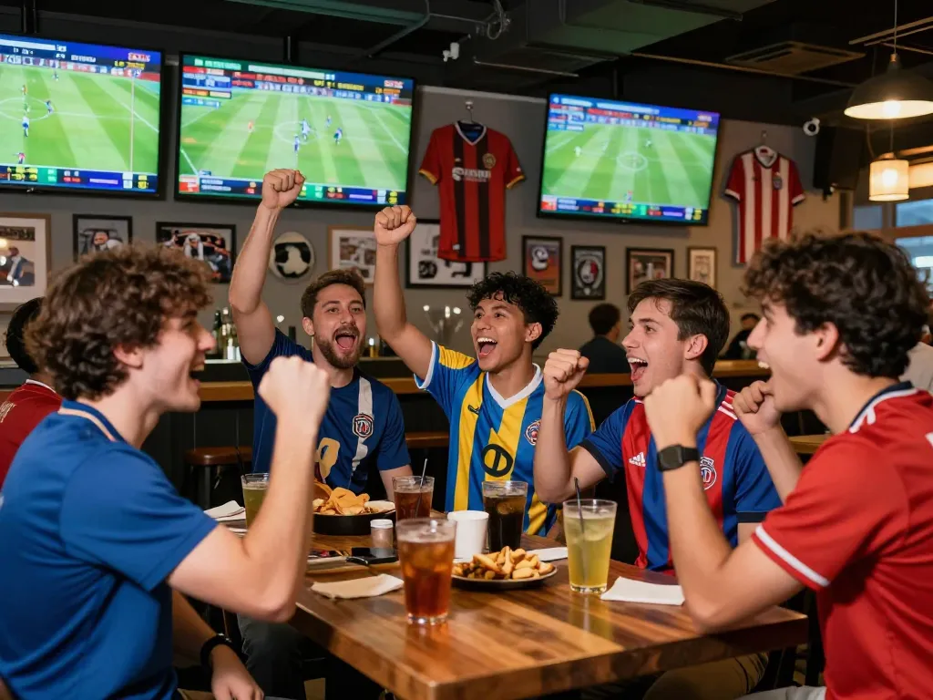 Cheering fans enjoying judi bola betting at a lively sports bar with multiple screens displaying live matches.