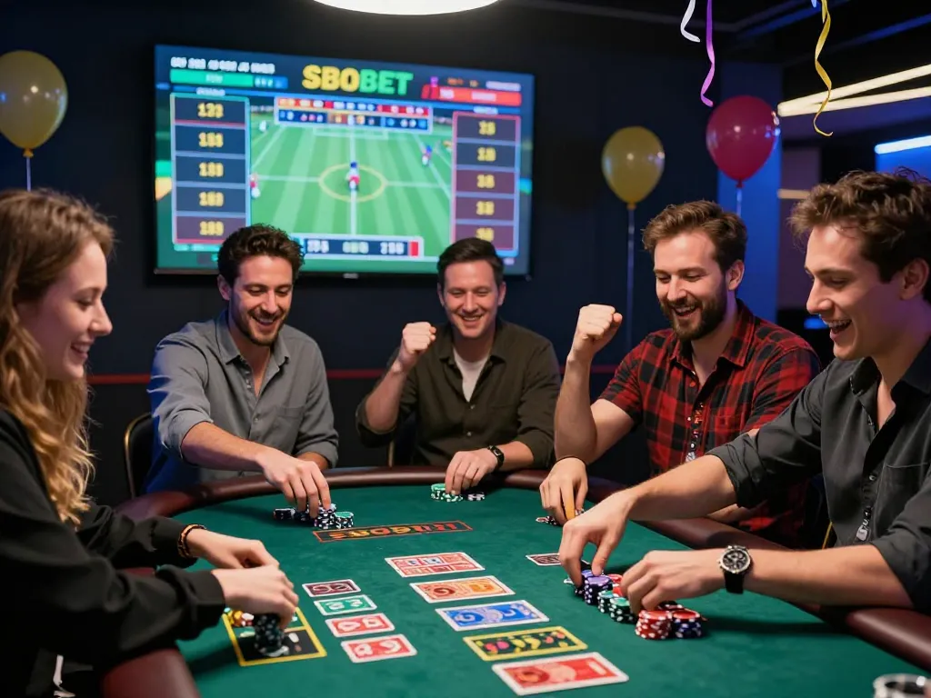 SBOBET celebration at a gaming table with joyous players during a special event.