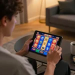 Engaging gameplay on fly88 com with colorful slot reels displayed on a tablet in a cozy home setting