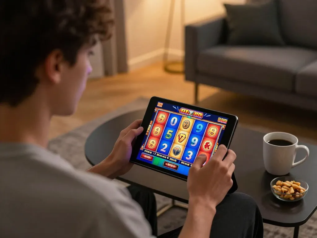 Engaging gameplay on fly88 com with colorful slot reels displayed on a tablet in a cozy home setting