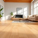 Showcasing waterproof vinyl flooring in a bright home environment with warm sand tones.