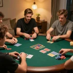 Friends enjoying a poker game night at home, showcasing strategic betting at nhà cái F168.