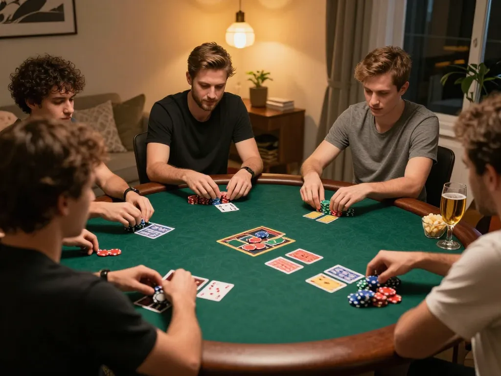 Friends enjoying a poker game night at home, showcasing strategic betting at nhà cái F168.