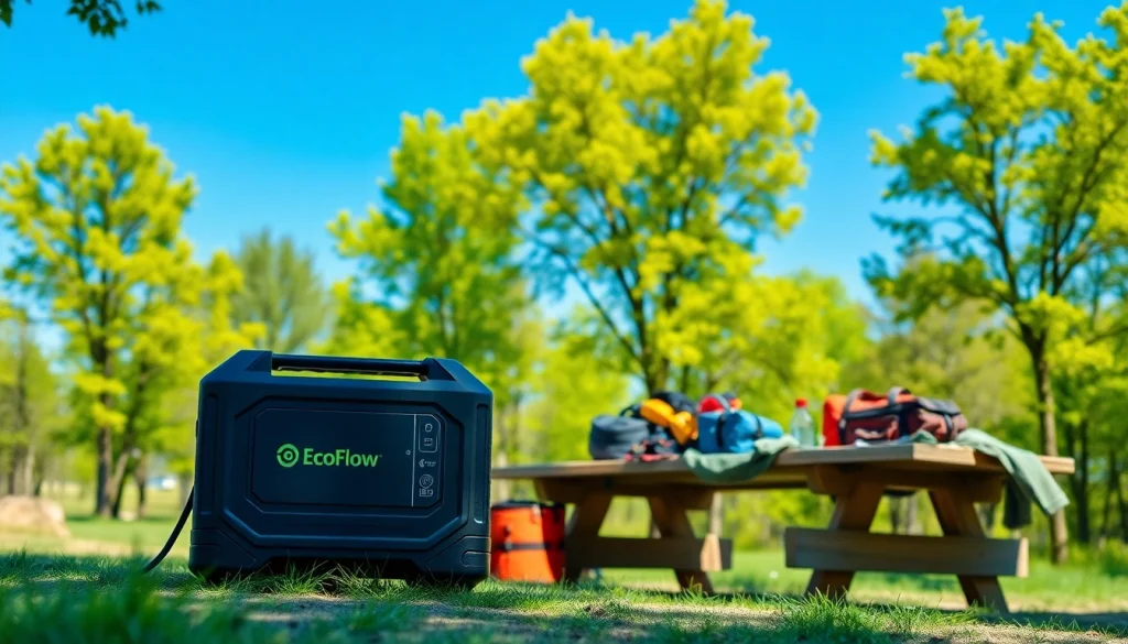 EcoFlow power station powering devices at an outdoor picnic setting.