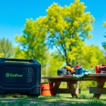 EcoFlow power station powering devices at an outdoor picnic setting.