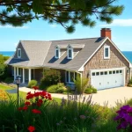 Cape Cod homes with attached garage highlighted by vibrant gardens and ocean view.