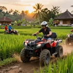 Bali tour featuring traveler on an ATV adventure through lush jungles and rice fields.