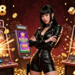 Play slots with az888 in an exciting casino scene featuring vibrant game elements and rewards.