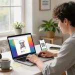 Using a free QR code scanner on a laptop with smartphone beside, showcasing a bright home workspace.