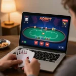 Engaging in an online poker game at home with 88xeng on the laptop screen.