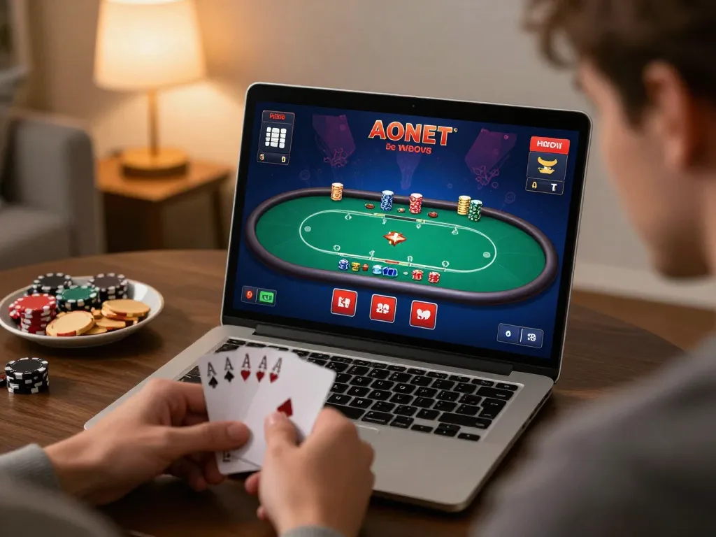 Engaging in an online poker game at home with 88xeng on the laptop screen.