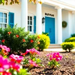 Colonial home renovation showcasing classic architecture and a vibrant garden.
