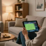 Engaging in sports betting live on a tablet for truc tiep bong da hom nay in a cozy home setting