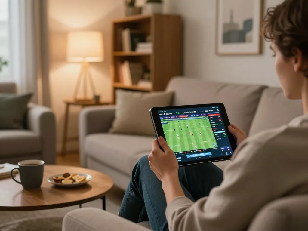 Engaging in sports betting live on a tablet for truc tiep bong da hom nay in a cozy home setting