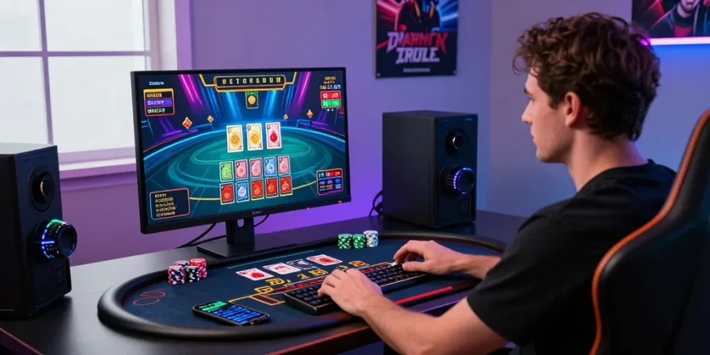 Baccarat online gameplay in a vibrant gaming setup with a player engaging with a colorful table and cards.