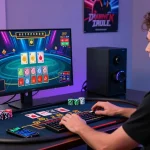 Baccarat online gameplay in a vibrant gaming setup with a player engaging with a colorful table and cards.