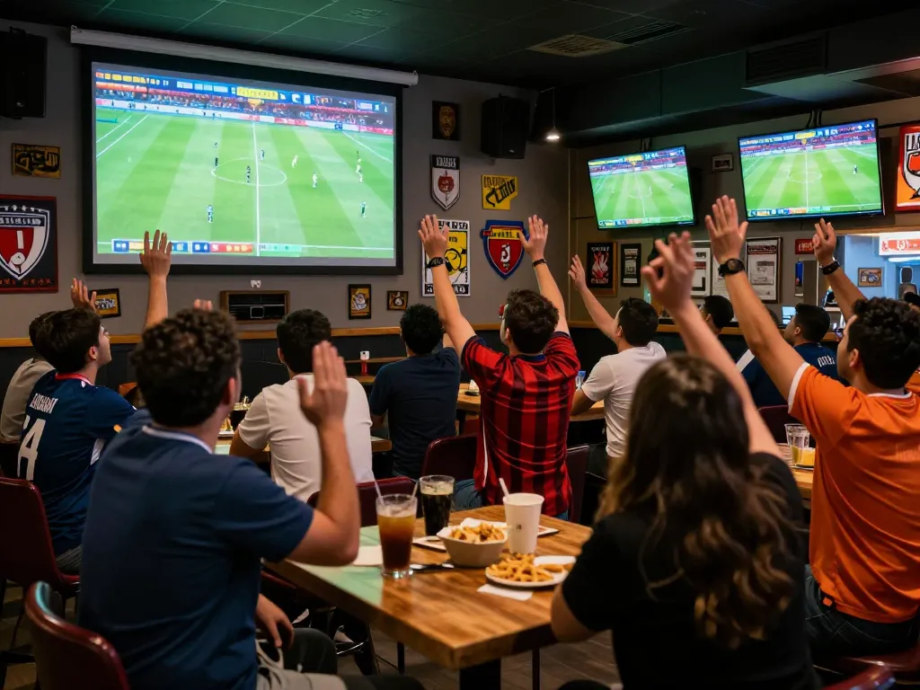 Enjoying live football action with friends, tuning into truc tiep bong da hom nay in a sports bar atmosphere.
