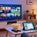 Pikashow APK in use on a tablet in a cozy living room setting, showcasing a smart TV streaming movies.