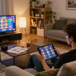 Engaging with exciting games at LC88 casino on a tablet in a cozy home setting