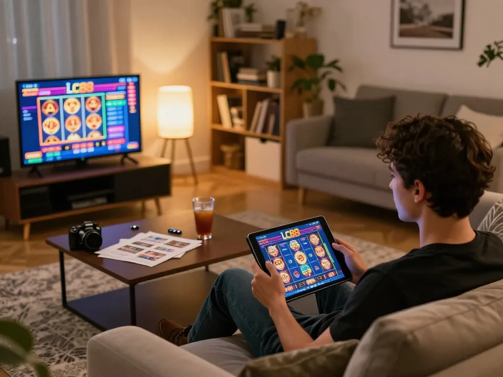 Engaging with exciting games at LC88 casino on a tablet in a cozy home setting