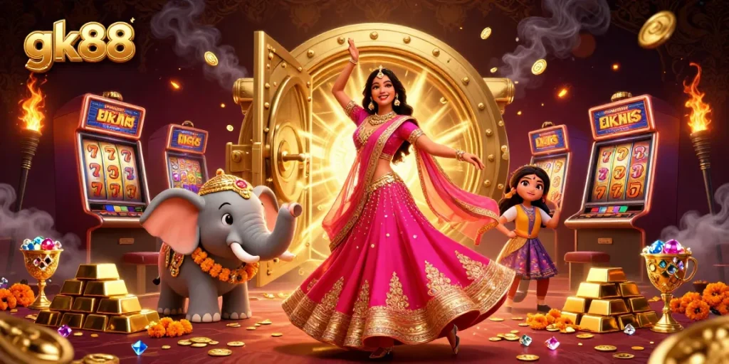 Engaging in high-stakes action at gk88 with vibrant slot machines and festive elements.