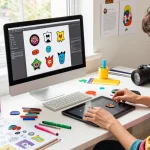 Designer crafting unique acrylic pins in a bright workspace filled with design tools.
