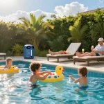 Family enjoying a saltwater pool with K-Chlor replacement cells in Australia keeping water clean.