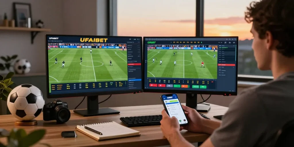 Enthusiastic bettor engaging with ufabet's online betting platform at home, showcasing live football odds and a vibrant workspace.