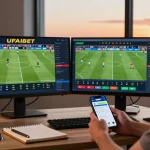 Enthusiastic bettor engaging with ufabet's online betting platform at home, showcasing live football odds and a vibrant workspace.