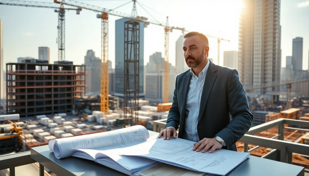 New York City Construction Manager supervising a site with blueprints and cranes around.