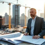 New York City Construction Manager supervising a site with blueprints and cranes around.