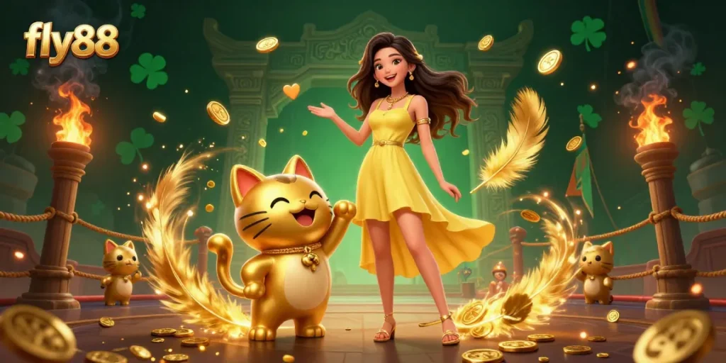 Engage in exciting slot games at fly88, featuring a vibrant scene with interactions and gold coins.