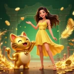 Engage in exciting slot games at fly88, featuring a vibrant scene with interactions and gold coins.